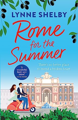 Book cover with red title "Rome for the Summer" and couple on a scooter.