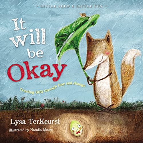 A fox holds a large leaf over a small seed in the rain.