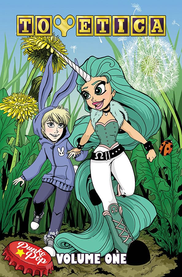 Comic book cover featuring a girl with teal hair, a boy, and animal characters.