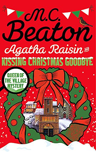 Book cover for “Agatha Raisin and Kissing Christmas Goodbye” with a wreath.
