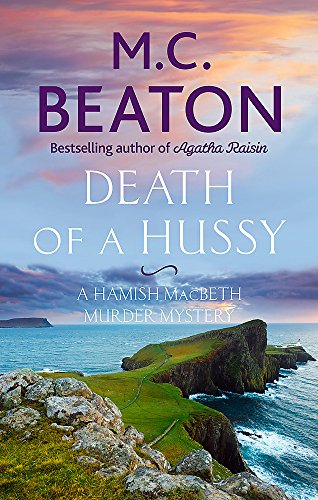 Book cover: "Death of a Hussy" by M.C. Beaton, coastal landscape.