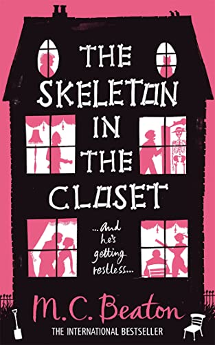 Book cover showing a black house silhouette with pink windows containing figures and skeletons.