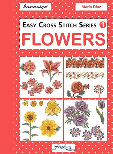 Book cover displaying six colorful cross-stitch flower patterns.