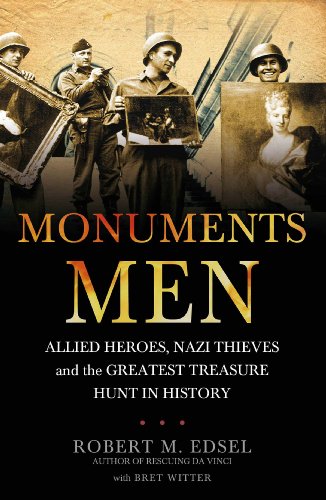Book cover showing soldiers holding recovered paintings against a black background with white text.