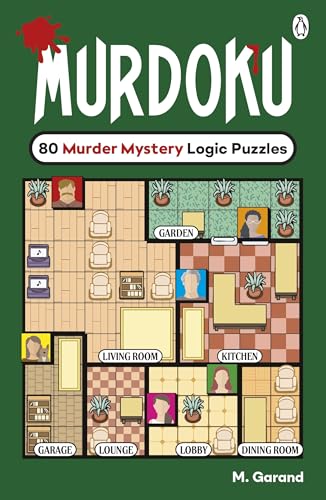 Puzzle book cover with "Murdoku" title, illustrated floorplan, and character portraits.