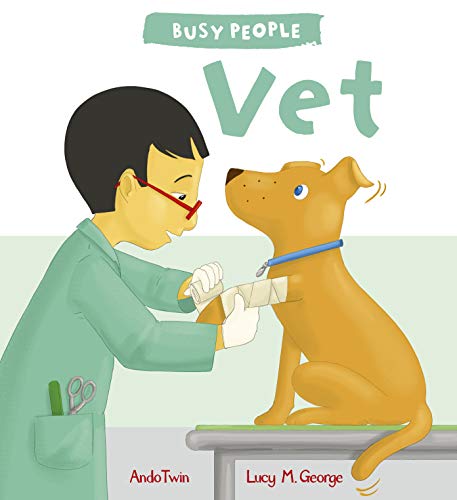 A veterinarian in a green coat bandages the leg of a brown dog.