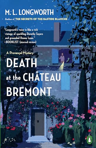 Book cover depicting a chateau with vibrant pink flowers and a shadowy figure.