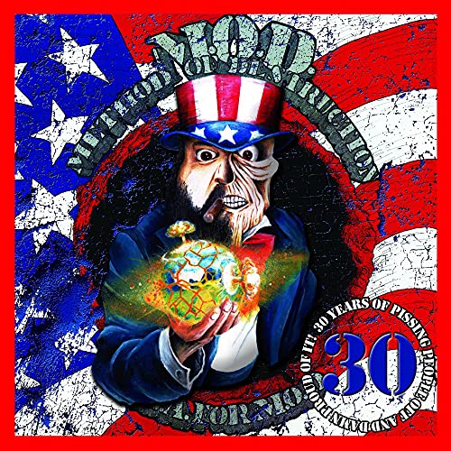 Distorted image of Uncle Sam holding a burning Earth, with American flag backdrop.