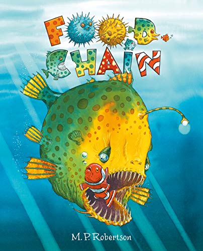 A large, spotted anglerfish about to eat a small clownfish in deep blue water.
