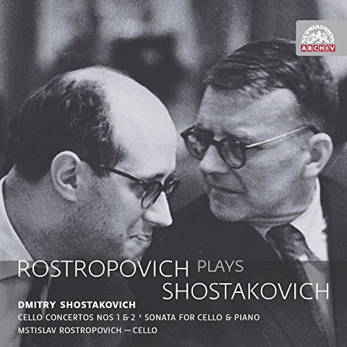 Black and white cover featuring two men in conversation, titled "Rostropovich Plays Shostakovich."