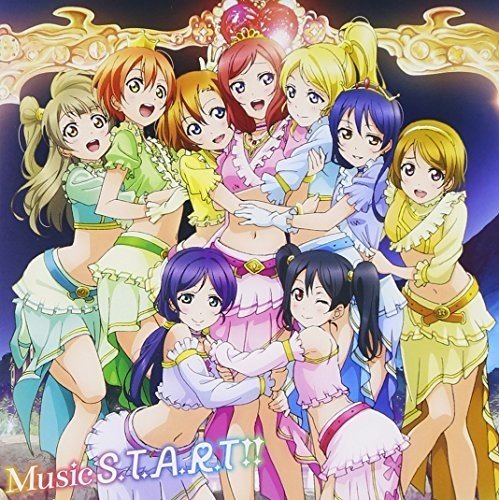 Nine anime girls in colorful dresses pose within an ornate gold frame.