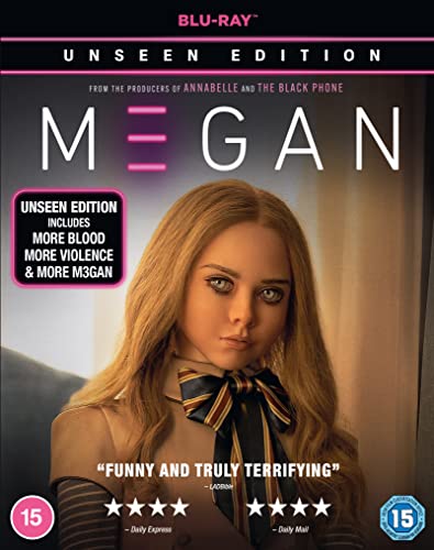 M3GAN Blu-ray cover featuring a young girl with a robotic doll behind her.