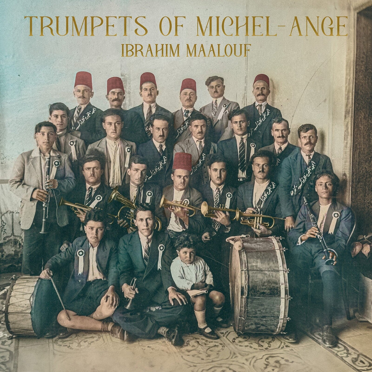 CD cover: vintage photo of a large group of musicians with brass instruments.