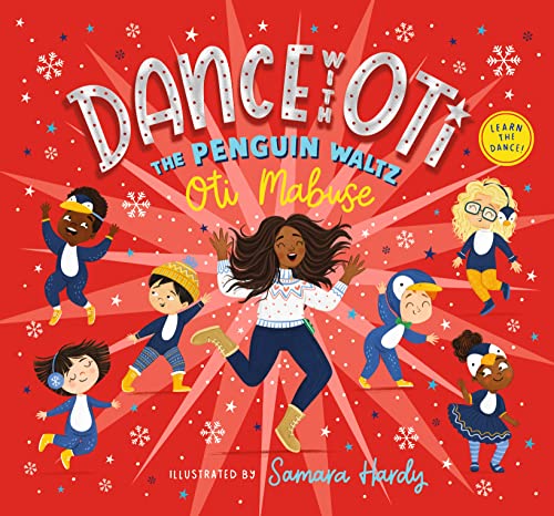 Book cover: children dancing with penguins on a red, snowy background.