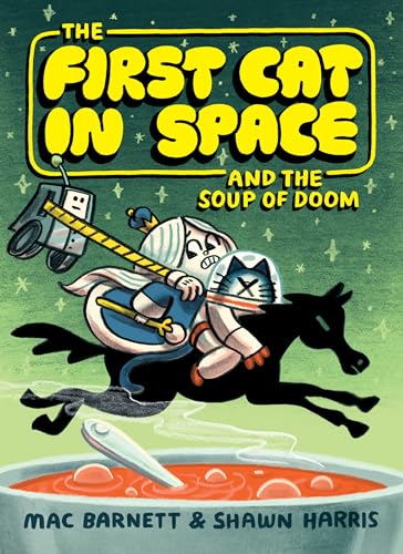 A cat in a space helmet rides a black horse above a bowl of soup.