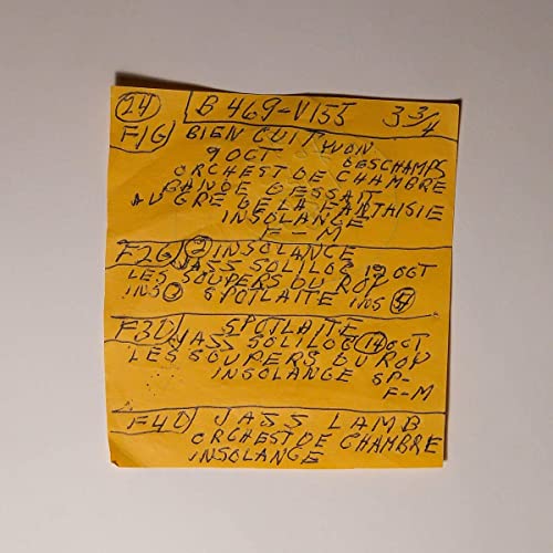 Yellow vinyl record label with handwritten black text and numbers.
