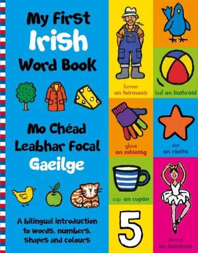 Children’s book cover with colorful illustrations and Irish/English words.