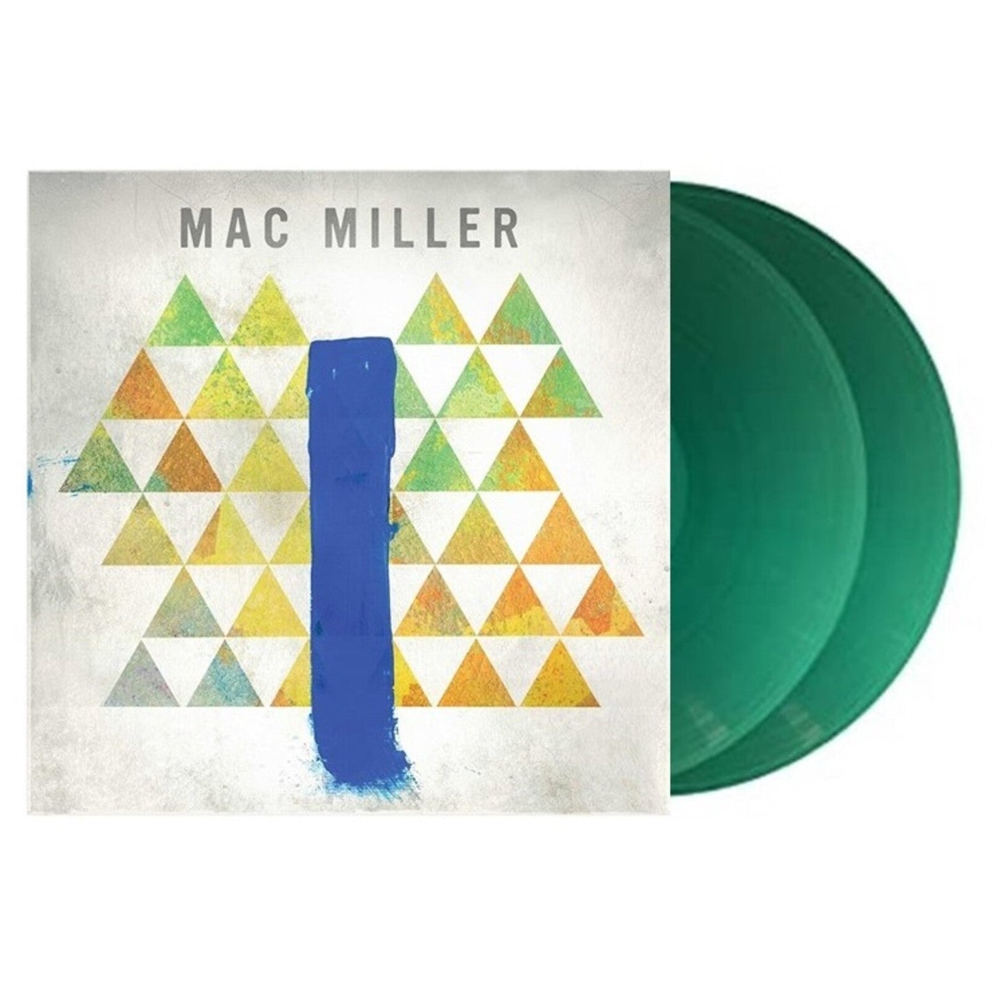 MacCH album cover with colorful triangles and blue stripe next to green vinyl records.