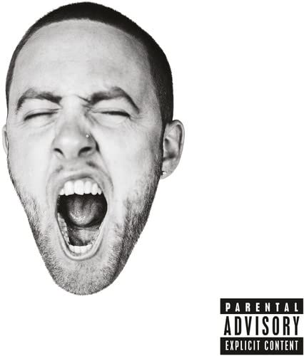 Black and white album cover of Mac Miller screaming, with a parental advisory label.