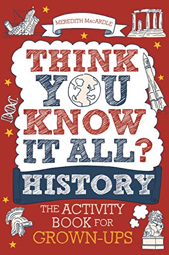 History quiz book cover with illustrated historical objects and bold text.