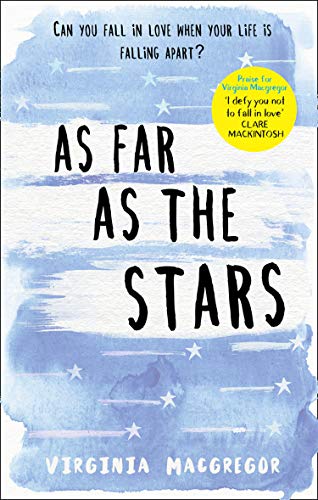 Book cover: “As Far As The Stars” with blue watercolor and stars.