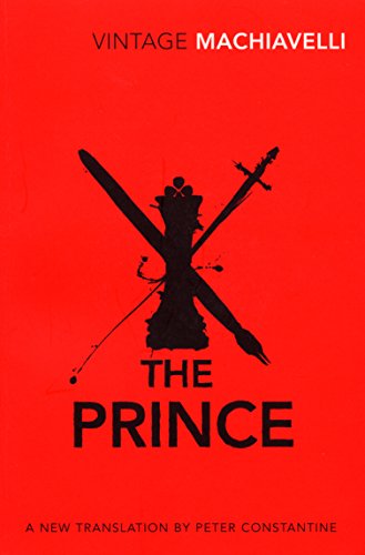 Red book cover for "The Prince" with crossed swords and quill.