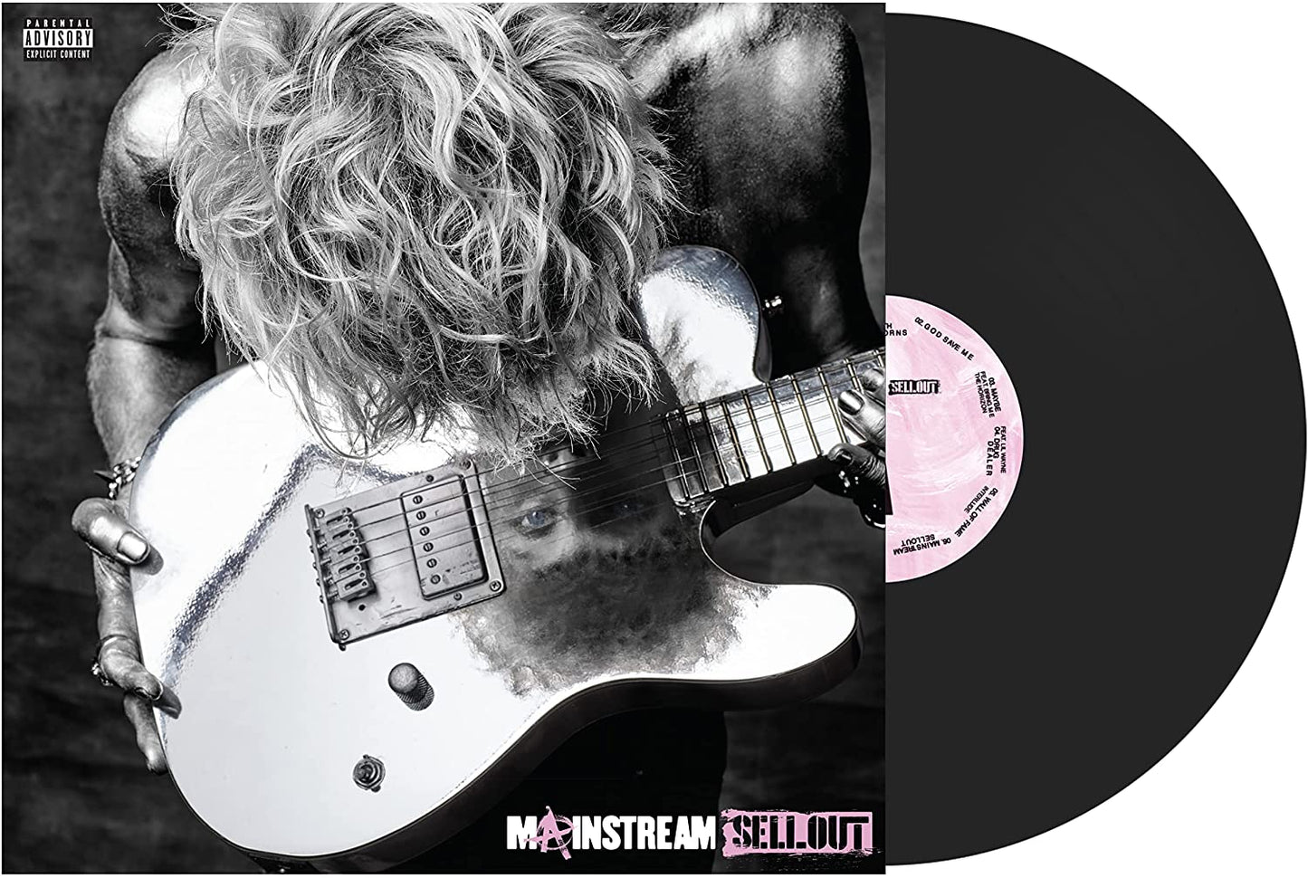 Black and white photo of Machine Gun Kelly leaning over a reflective electric guitar.