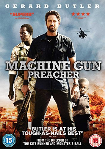 DVD cover for "Machine Gun Preacher" featuring Gerard Butler and a child.