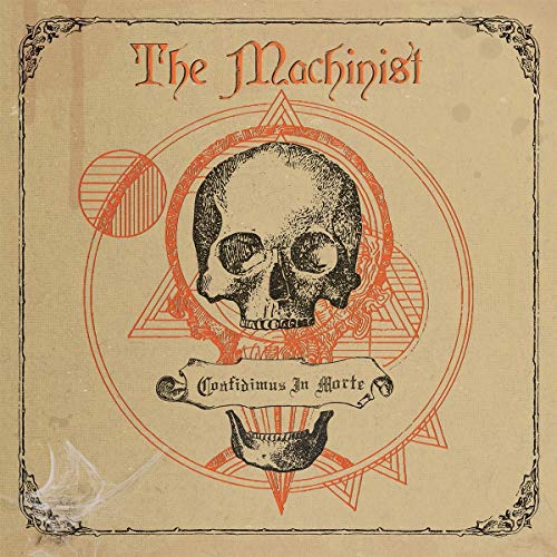 "Album cover with skull, geometric shapes, and 'The Machinist' in red, on beige background."