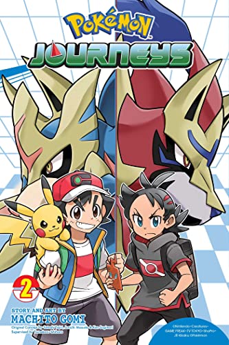Ash, Pikachu, and Goh stand in front of Zacian and Zamazenta on manga cover.