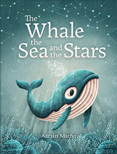Blue whale illustration with stars and seaweed on a teal background.