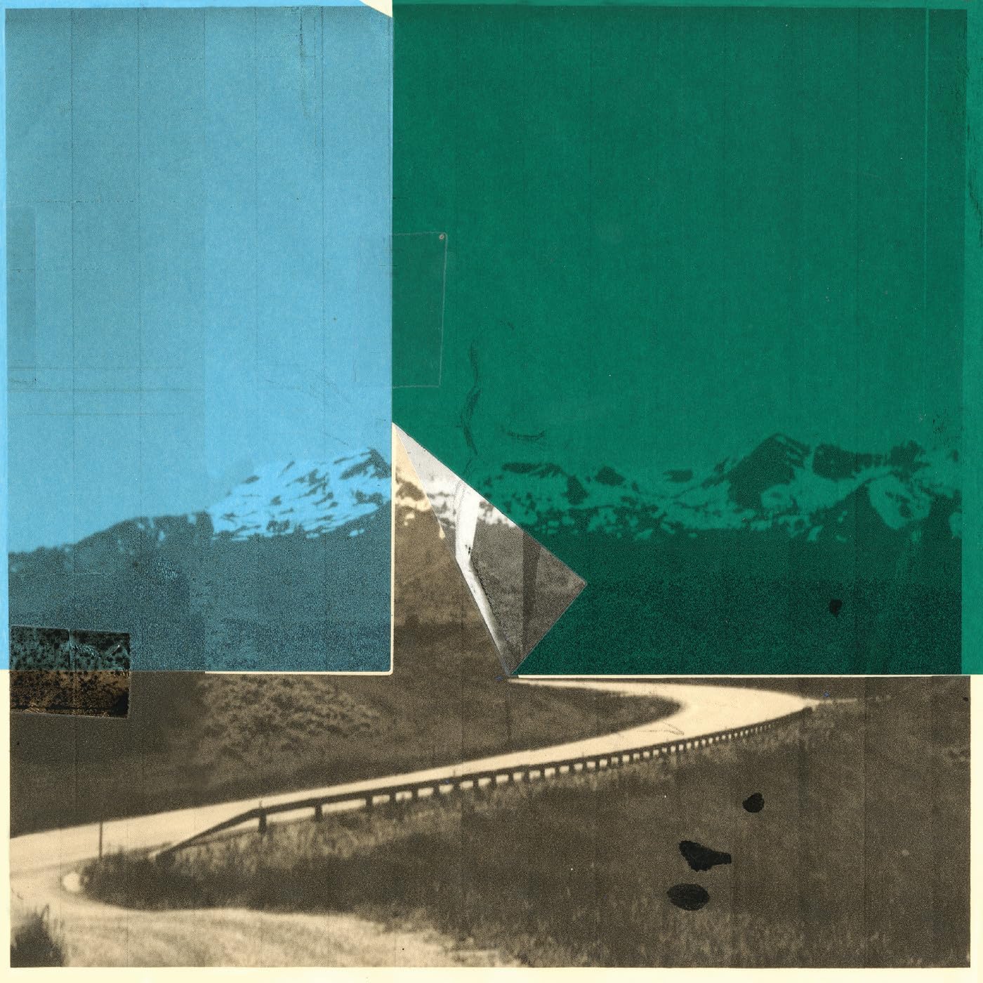 Collage of blue sky, mountains, and a winding road in sepia tones.