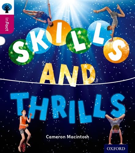 Book cover: “Skills and Thrills” with acrobats and colorful lettering.