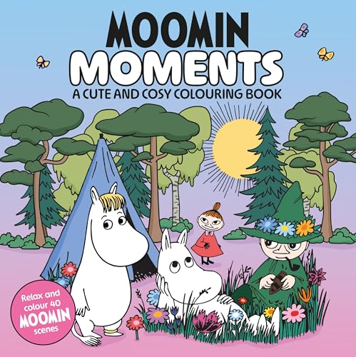 Moomin characters camping amongst trees under a bright yellow sun.
