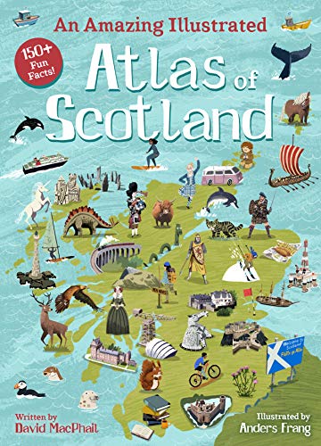 Illustrated map of Scotland with people, animals, and landmarks.