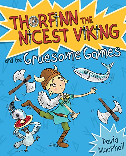 Cartoon viking boy with axe, fish, and shield on blue background.