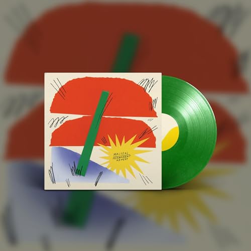 Green vinyl record with abstract red, yellow, and blue album cover art.