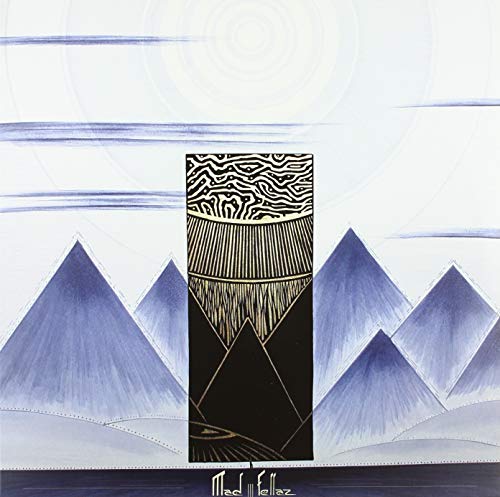 Abstract album cover with mountains, geometric shapes, and linear designs.