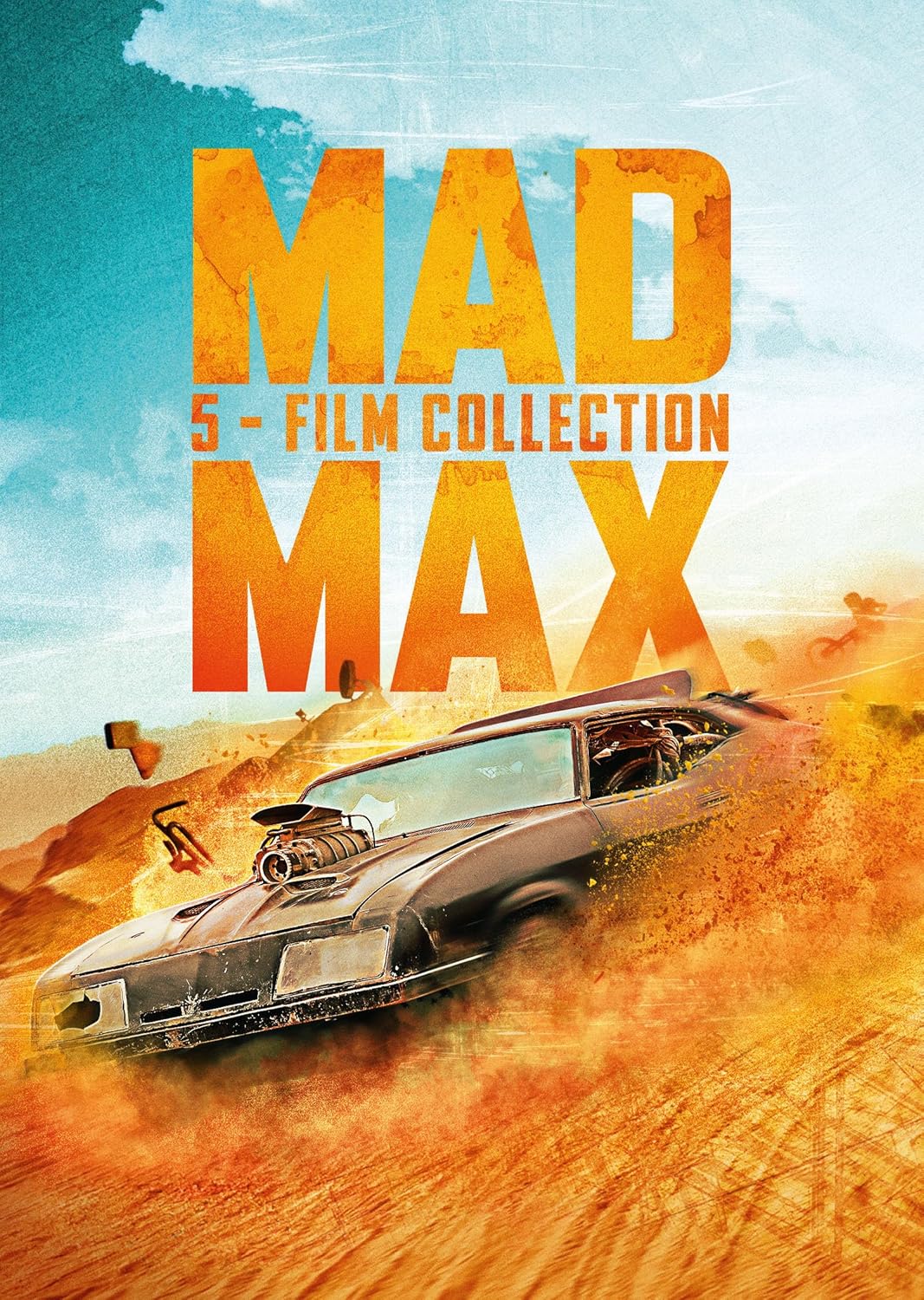 Mad Max" 5-film DVD collection cover with a car in a desert.