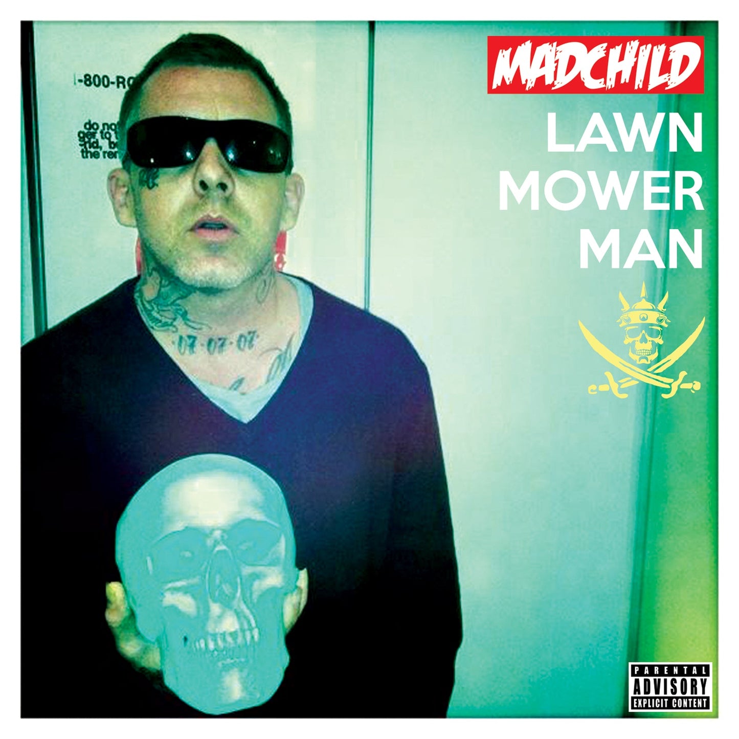 Madchild album cover featuring a man with tattoos, a skull, and bold text.