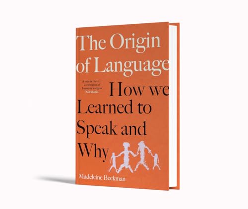 Orange book cover with title "The Origin of Language" and silhouetted figures.