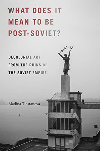 Book cover with statue and industrial architecture in grayscale.