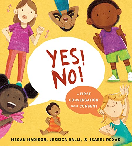 Illustrated book cover showing diverse children with speech bubbles on a yellow background.