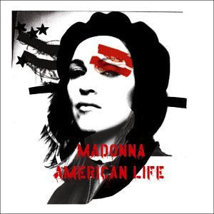 Black and white portrait of Madonna wearing a beret with red graphic elements.
