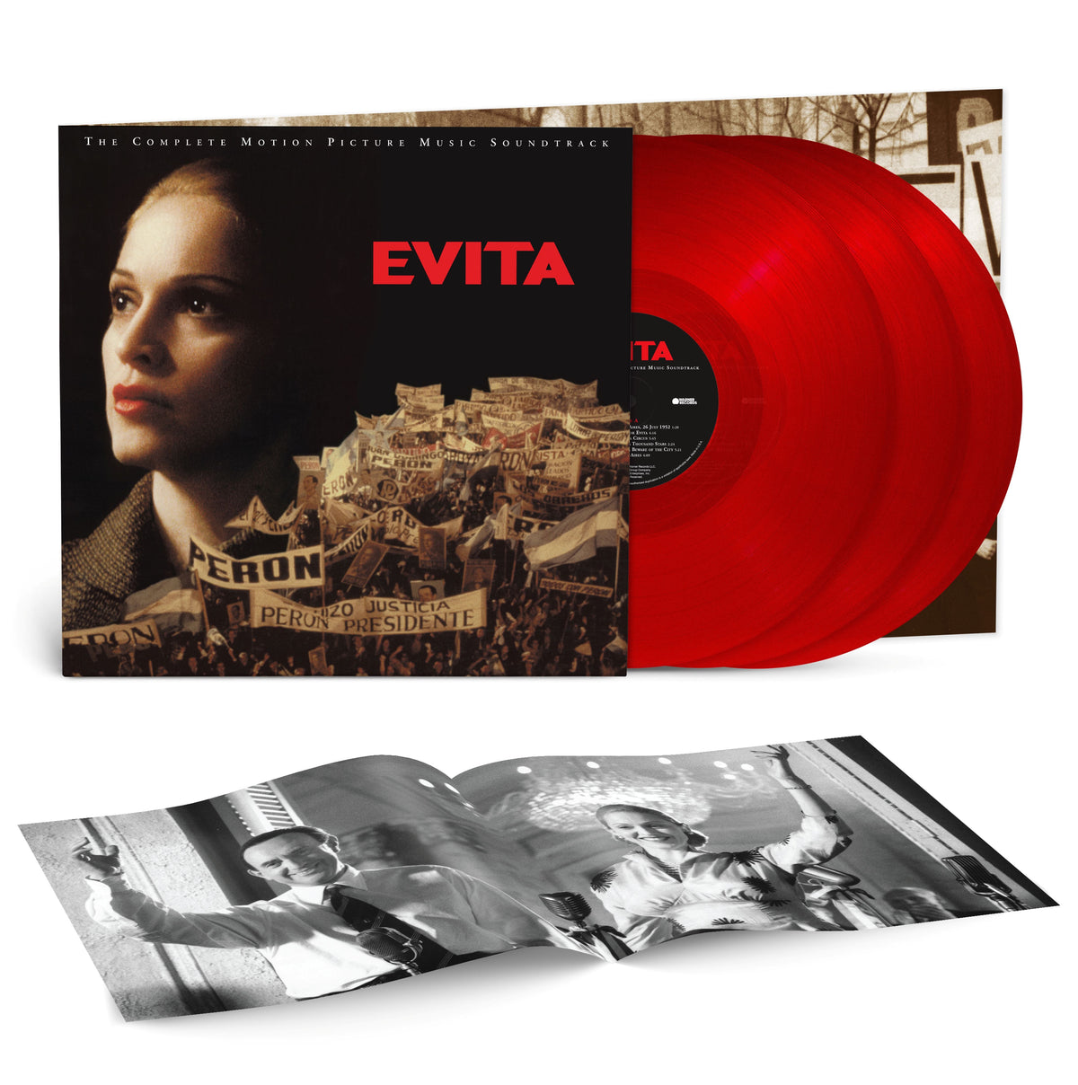 Evita" soundtrack vinyl record with Madonna’s portrait and red color scheme.