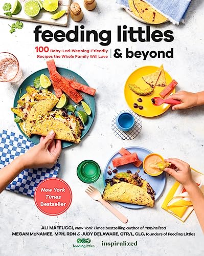 Cookbook cover with colorful food, hands, and the title "Feeding Littles & Beyond".