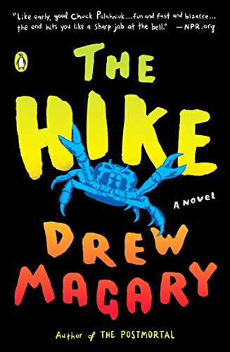 Book cover for The Hike by Drew Magary featuring a blue crab on black.