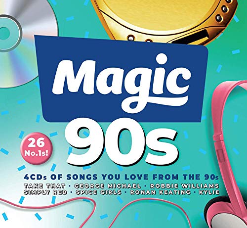 CD cover for “Magic 90s” with headphones and colorful confetti.
