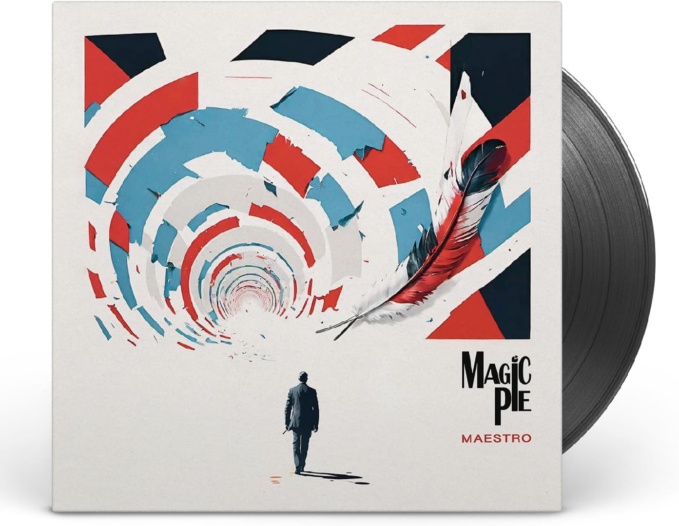 Album cover: swirling tunnel, feather, and silhouetted figure in black suit.