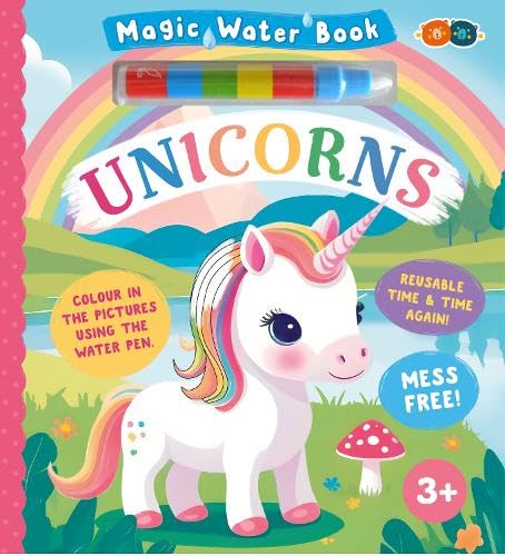 Water-reveal activity book featuring a white unicorn and rainbow background.